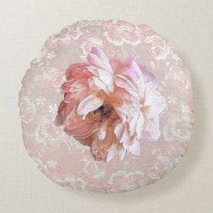 Peony op Faux Peach Lace Rond Kussen
