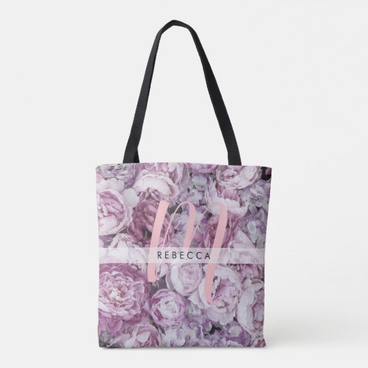 Peony Pink Roses Floral Monogram Draagtas (Achterkant)