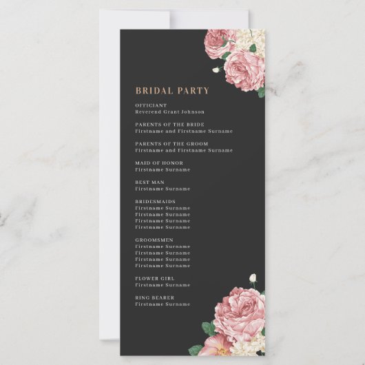 Peony Roses sur Black Wedding Ceremony Programme (Dos)