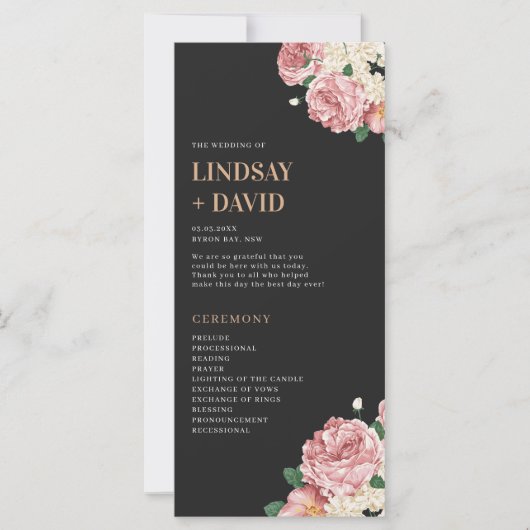 Peony Roses sur Black Wedding Ceremony Programme (Devant)