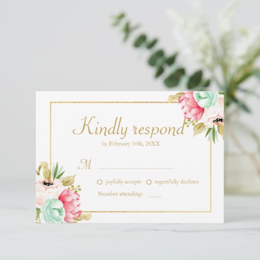 Peony Waterverf Elegant Gold Lijst Wedding RSVP (Staand voorkant)