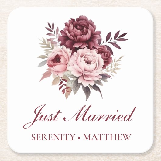 Peony Waterverf Floral is net getrouwd Vierkante Kartonnen Onderzetter (Voorkant)
