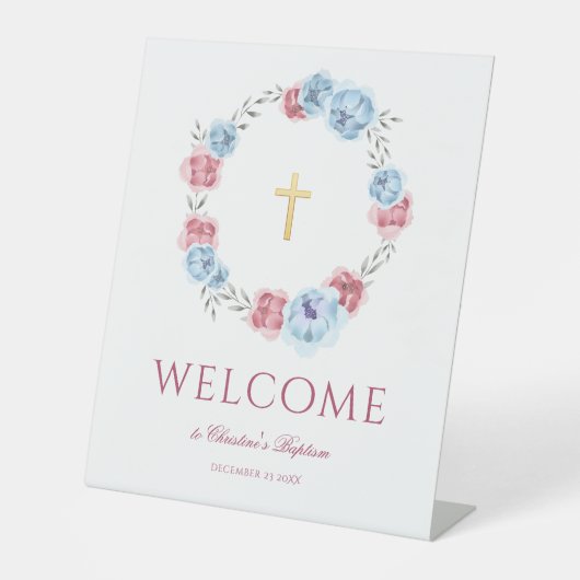 Peony Wreath Waterverf Welcome Baptisme Reclamebord Met Voetstuk (Voorkant)