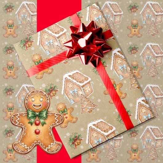peperkoek man, huis, boom, kerst cadeaupapier