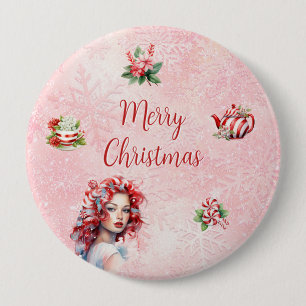Pepermunt Kerst Thee Party Roze Sneeuwvlok Ronde Button 4,0 Cm