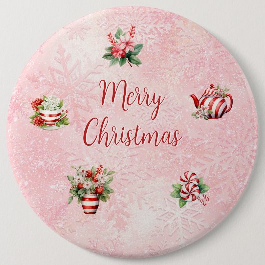 Pepermunt Kerst Thee Party Roze Sneeuwvlok Ronde Button 6,0 Cm (Voorkant)