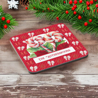 Pepermunt Rood en Wit Candy Cane Bow Monogram Bier Onderzetter