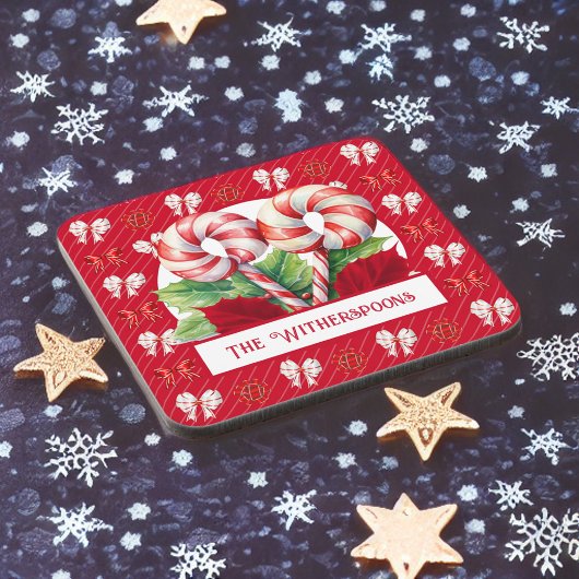 Pepermunt Rood en Wit Candy Cane Bow Monogram Bier Onderzetter
