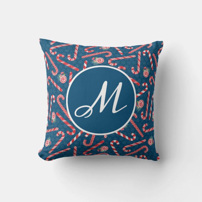 Peppermint met kerstsnoer Blauw Monogram Kussen (Voorkant)