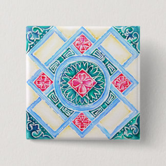 Peranakan Geometric Tegel Blauwgroen Square Vierkante Button 5,1 Cm