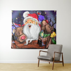 Père Noël avec des rennes Drôle Tapisserie de Noël