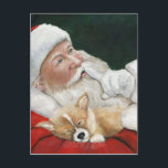 Père Noël avec la carte postale de Noël d'art de<br><div class="desc">Cette carte postale comporte une reproduction de ma peinture à l'huile originale d'un chiot de corgi avec Père Noël.</div>