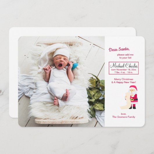 Père Noël avec le faire-part de naissance de photo (Devant / Derrière)
