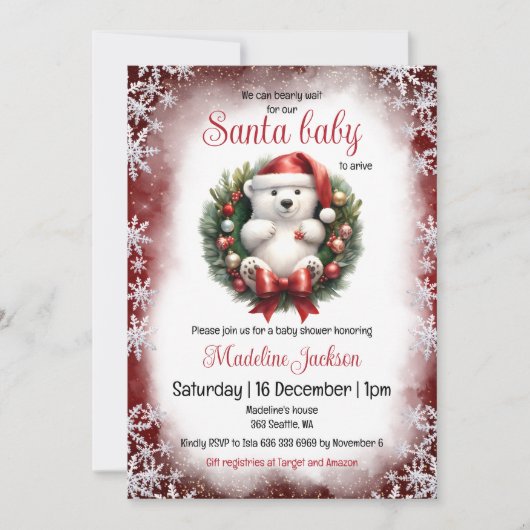 Père Noël Baby Bear Baby shower de Noël Invitation (Devant)