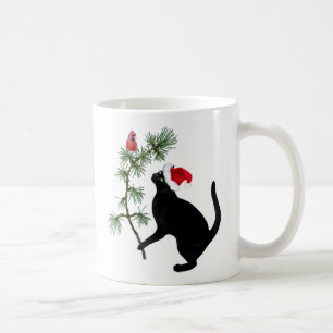 Père Noël Chat noir avec Mug Oiseau Rouge