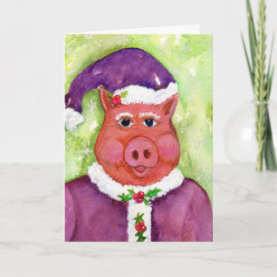 Père Noël Cochon en violet CARTE de vacances