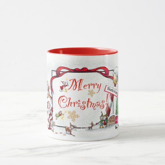 Père Noël et ses elfes Joyeux Noël Mug (Centre)
