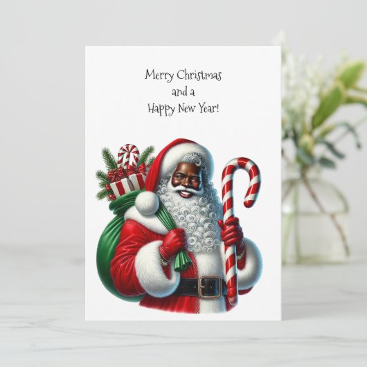 Père Noël noir et sac de cadeaux Carte plat Person (Debout devant)