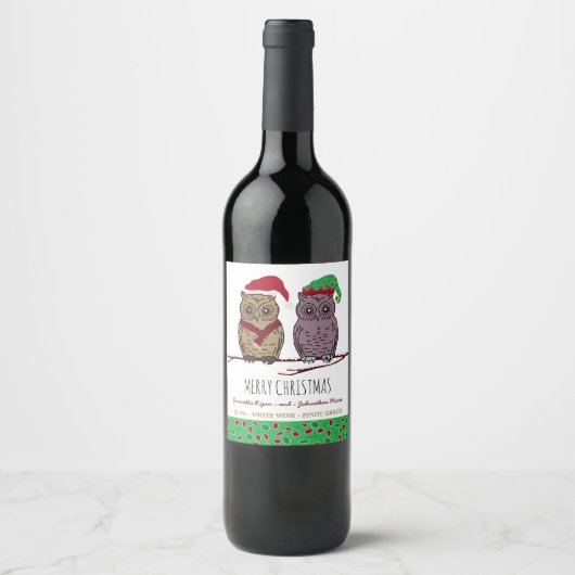 Père Noël Owl et Elf Owl Étiquette de vin (Devant)