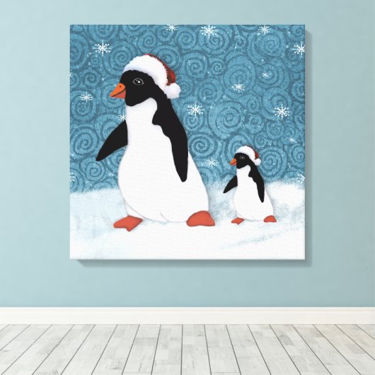 Père Noël Pingouins toile étirée Impression (Insitu (Plancher de Bois))