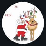 Père Noël reiner Christmas sticker cadeau : A :<br><div class="desc">Le Père Noël et son fidèle ami de rennes ont un moment de joie !</div>