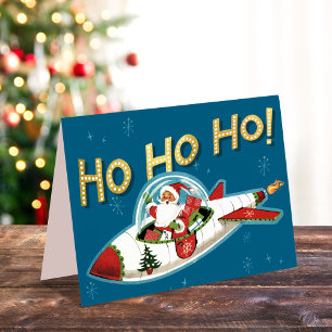 Père Noël Rétro dans une Fusée Ho Ho Ho Carte de N