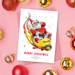 Père Noël rétro sur Rocket Carte de Noël non photo<br><div class="desc">Cette carte de vacances festive sans photo présente une illustration vintage de Père Noël sur une fusée au lieu d'un traîneau traditionnel. Le message d'accueil sur le devant de la carte indique "Joyeux Noël" mais est modifiable et peut être changé à tout ce que vous voulez. Il y a aussi...</div>