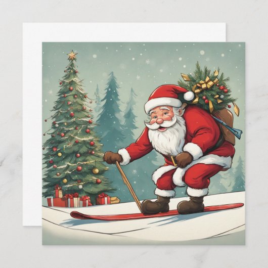 Père Noël skis Une carte à plat (Devant / Derrière)