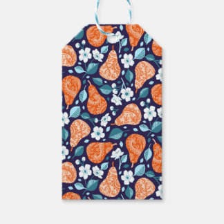 Peren en bloesems in Sinaasappel en blauw Cadeaulabel