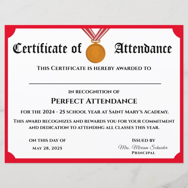  Perfect Attendance Award Certificaat (Voorkant)