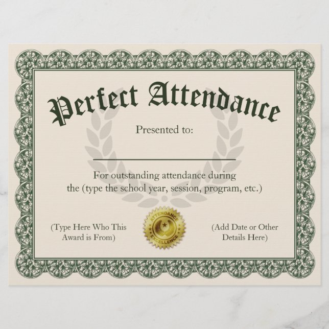 Perfect Attendance Certificate  8.5x11 (Voorkant)