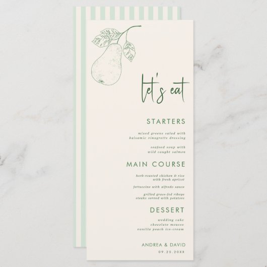 Perfect Pear Pair Theme Let's Eat Script Wedding Menu (Voorkant / Achterkant)