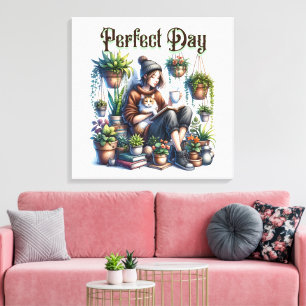 Perfecte dag   Meisje Lezen met Kat en Planten Canvas Afdruk