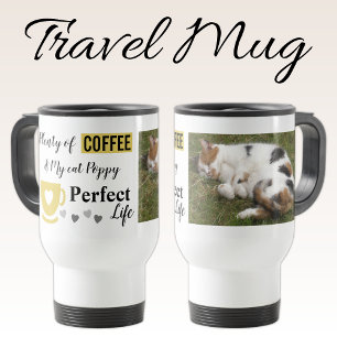 Perfecte kattenhuisje en witte koffiegoudfoto reisbeker