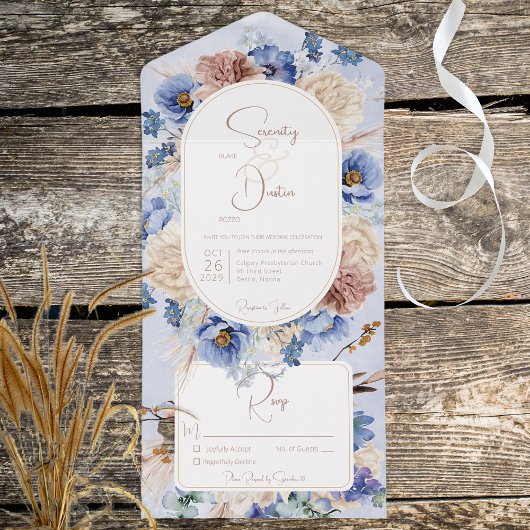 Peri Boho Flowers Grass All in One Wedding Invite Uitnodiging