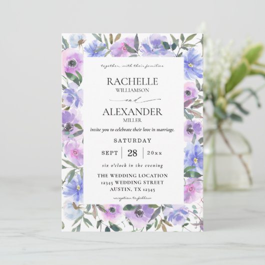 Peri & Paarse Floral Wedding Kaart (Staand voorkant)