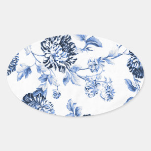 Periwinkle Blauw  Bloemen Toile No.5 Ovale Sticker