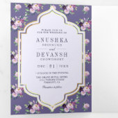 Periwinkle bloemenpatroon QR-code Indiase bruiloft Drieluik Uitnodiging (Binnenzijde eerst)
