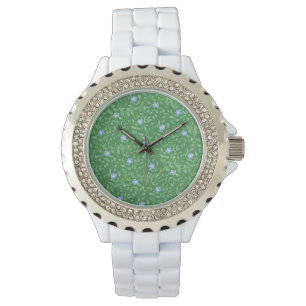 Periwinkle Blue Dark Green Country-achtige Floral Horloge