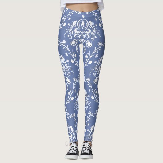 Periwinkle Blue en White Damask Leggings (Voorkant)