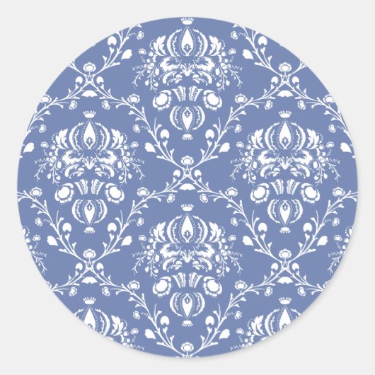 Periwinkle Blue en White Damask Ronde Sticker (Voorkant)