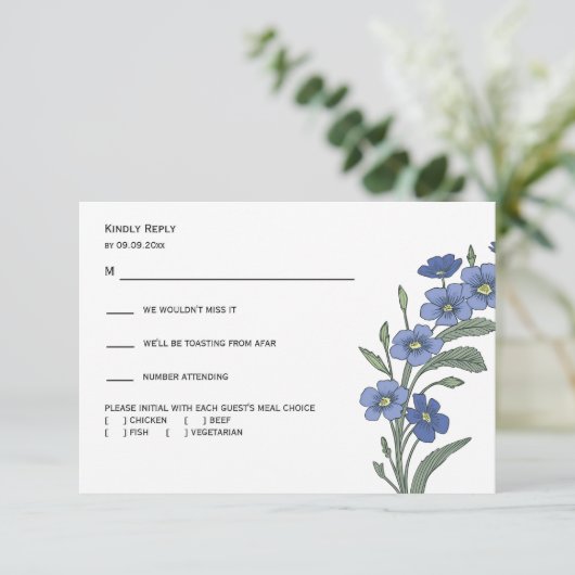 Periwinkle Blue Floral Modern Wedding Response, RSVP Kaartje (Staand voorkant)