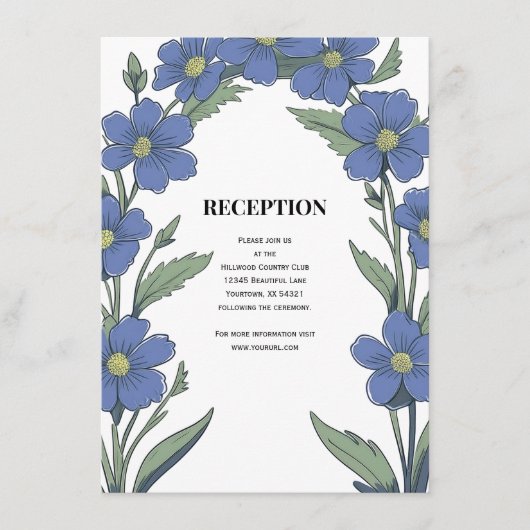 Periwinkle Blue Floral Wedding Reception Informatiekaartje (Voorkant)