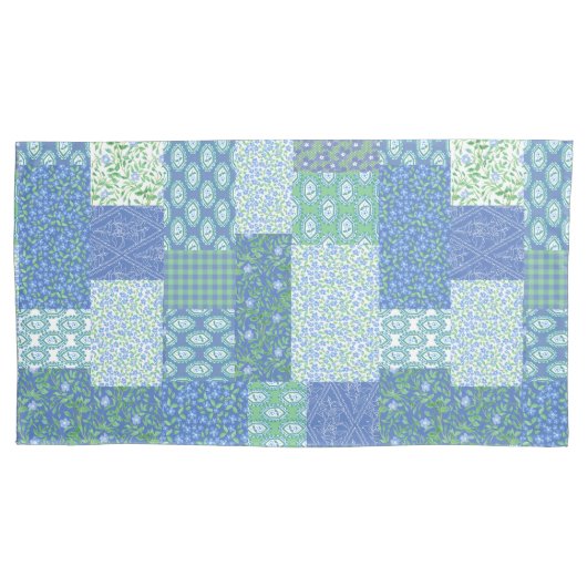 Periwinkle Blue Green Faux Patchwork Patroon Kussensloop (Voorkant-Links)