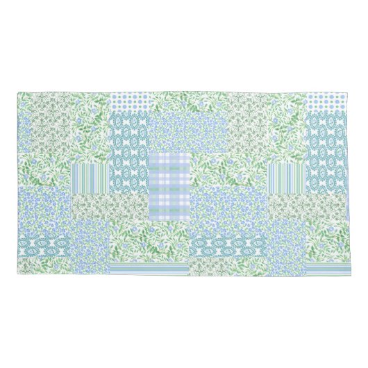 Periwinkle Blue Green Faux Patchwork Patroon Kussensloop (Achterkant-Links)