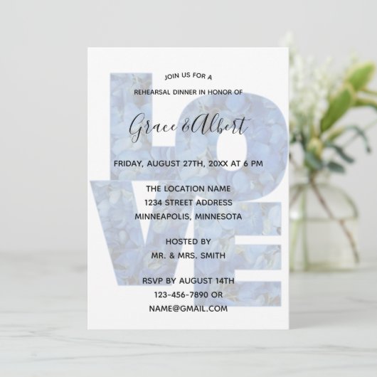 Periwinkle Blue Hydrangeas-LOVE repesial Dinner Kaart (Staand voorkant)