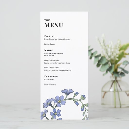 Periwinkle Blue Modern Floral Wedding Dinner Menu (Staand voorkant)