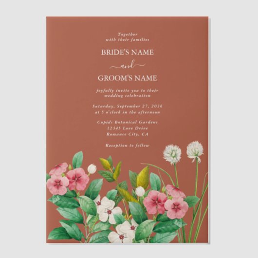 Periwinkle Burnt Oranje Terracotta Wedding Vellum Uitnodigingen (Voorkant)