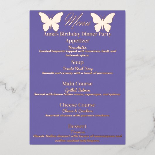 Periwinkle Butterfly-thema verjaardagsdiner Menu (Voorkant)