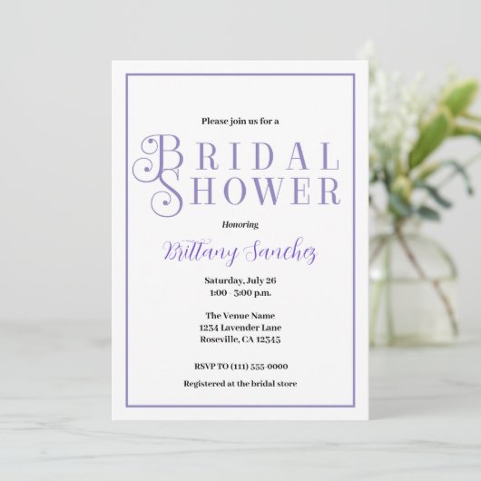 Periwinkle classy chique bruids douche uitnodiging (Staand voorkant)